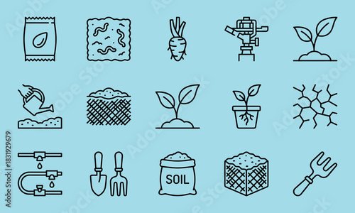 Gardening and Farming Icon Set, Linear Collection of Planting, Soil, Tools, Watering, and Growth Symbols, Outline Vector.