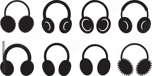 Assortment of Black and White Earmuff and Headphone Icons and Silhouettes Keywords: earmuffs, headphones, audio, music, winter, cold, accessory, fashion, icon, symbol, design, silhouette, black and