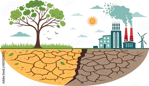 Degraded Land Showing Cracked Dry Earth and Environmental Pollution