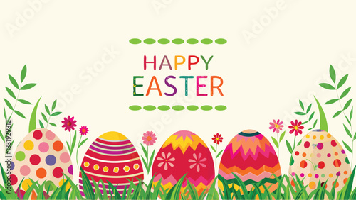 Happy easter greeting card with colorful decorated eggs flowers and grass on a light background with copy space