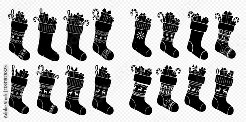 Set of black silhouette Christmas stockings filled with gifts and candy canes, holiday season celebration.