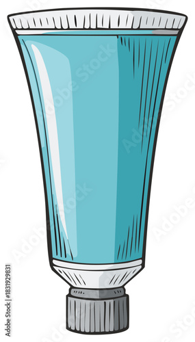 Cartoon style toothpaste tube, blue color. Sketched medicine tube illustration.
