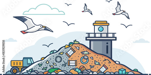 Landfill with seagulls illustrating waste disposal and pollution