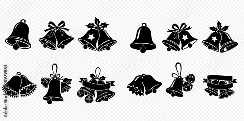 Set of various Christmas bells and jingle bells in black silhouette for holiday designs.