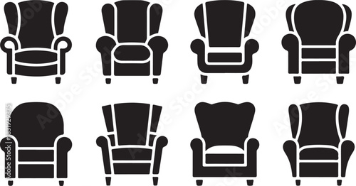 Collection of Eight Black Armchair Silhouettes on White Background furniture icon