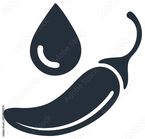Spicy hot sauce vector icon with a chili pepper and a liquid drop. Minimalist food condiment symbol.