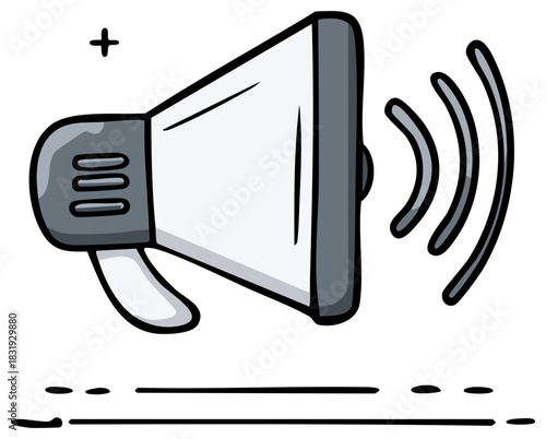 Cartoon Drawing of White Megaphone with Gray Elements and Audio Waves Coming Out