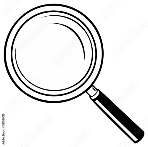 Magnifying glass illustration, black and white outline, isolated element, transparent background.