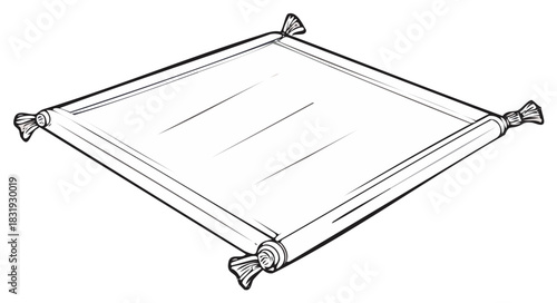 Blank ancient scroll or manuscript with rolled ends and ties. Line art vector illustration.