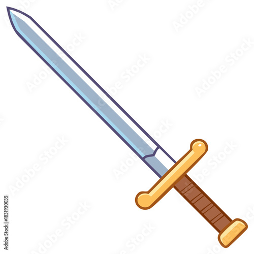 A cartoon-style, medieval longsword with a silver blade and brown grip, angled diagonally