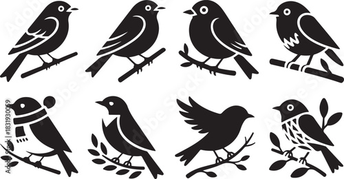 Collection of eight black silhouette bird icons on branches Keywords: bird, silhouette, icon, vector, branch, nature, animal, avian, perched, twig, wing, feather, beak, eye, simple, graphic