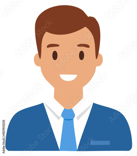 Smiling man avatar wearing blue suit and tie, vector illustration, upper body portrait of professional person