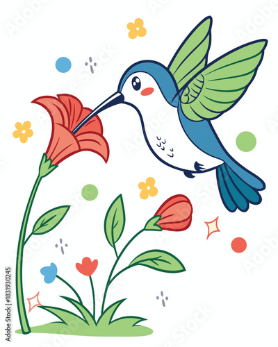 Colorful Hummingbird Drinking Nectar from Flower – Vector Illustration