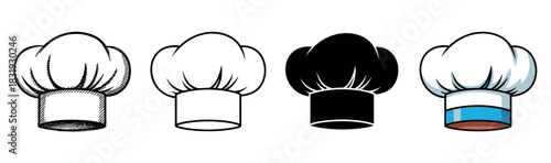 Set of four chef hats in different graphic styles including sketch, outline, silhouette, and full color cartoon, presented as a vector icon collection isolated on white