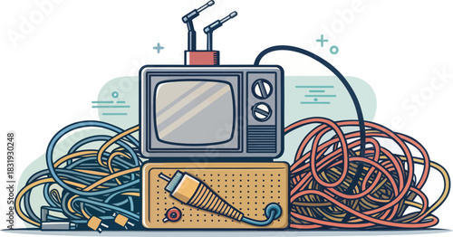 Old Television and Cables Representing Obsolete Electronics Disposal