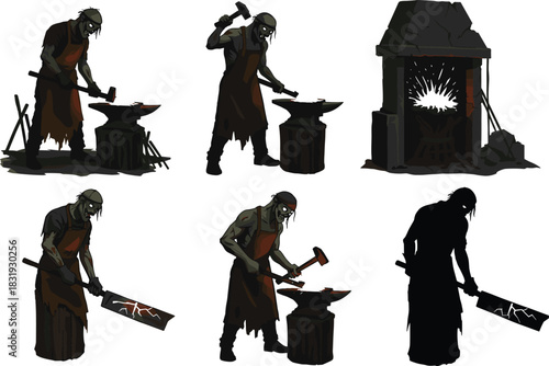 Zombie blacksmith forging glowing sword in dark workshop, horror undead craftsman illustration, spooky hammering scene, Halloween fantasy vector art, eerie smithing concept