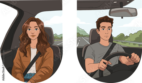 Young man driving car and woman sitting in passenger seat with seat belts, safe travel, transportation, road trip lifestyle vector illustration