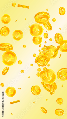 British pound coins falling. Scattered gold GBP