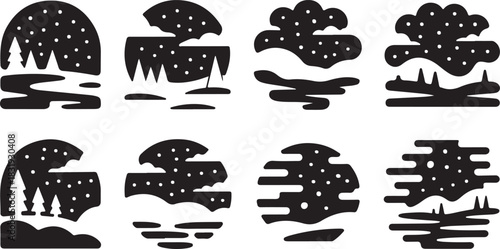 Collection of eight stylized black and white landscape icons with dotted patterns Keywords: landscape icon, nature icon, silhouette, black and white, dotted pattern, trees, river, hills, abstract