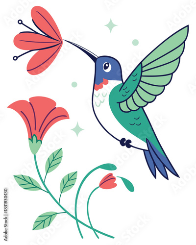 Colorful Hummingbird Drinking Nectar from Flower – Vector Illustration