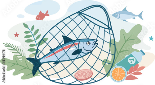 Tangled Fish Trapped In Plastic Fishing Nets In The Ocean