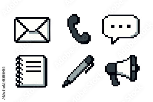 Pixel art communication and contact icon set featuring a telephone, envelope, chat bubble, notepad, pen, and megaphone in a retro 8-bit video game style