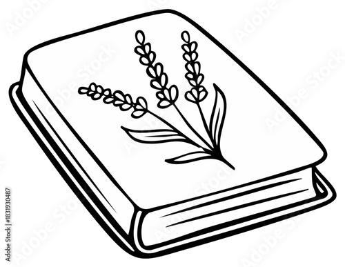 Simple line art illustration of a closed book with a lavender sprig decoration on the cover.