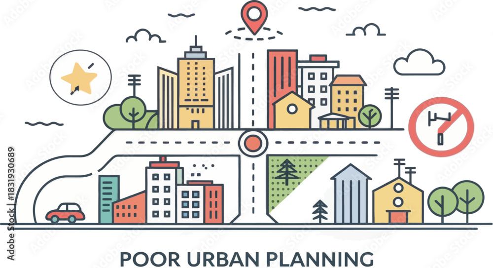 Obraz premium A chaotic city layout map showing poor urban planning problems