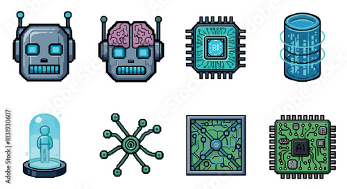 Pixel art artificial intelligence technology icon set featuring a robot head, brain, CPU, and circuit board,