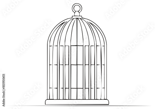 Empty domed birdcage line art drawing for freedom and captivity concept