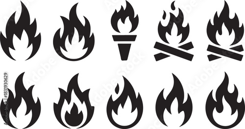 Collection of Fire and Flame Icons in Various Styles Keywords: fire, flame, burning, heat, energy, power, torch, bonfire, campfire, icon, symbol, silhouette, graphic, design element, vector