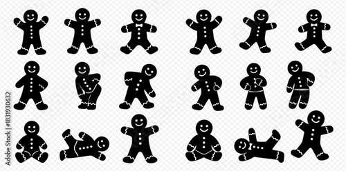 Set of various gingerbread man cookie silhouettes in different poses for holiday designs.