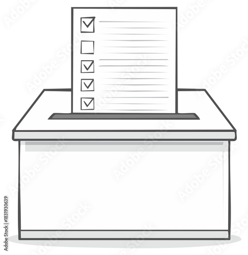 Hand drawn ballot box with a checklist document inserted representing voting or survey