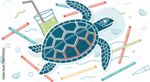 Turtle entangled in plastic straw waste illustration