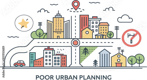 A chaotic city layout map showing poor urban planning problems