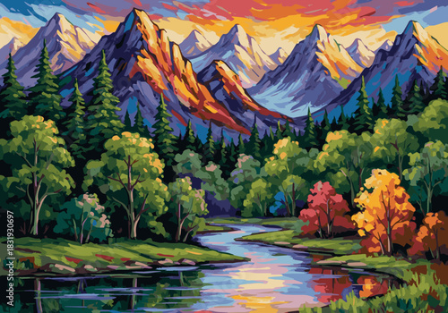 Create This colorful artwork showcases towering mountains, trees, and a serene landscape that captivates nature lovers