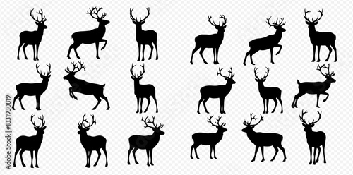 Collection of black deer silhouettes with antlers in various poses on a transparent background.
