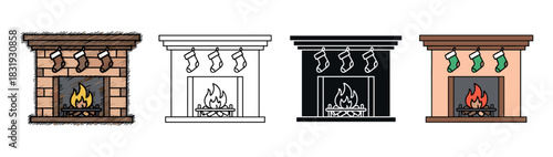 Set of four Christmas fireplace icons in doodle, line art, glyph, and flat color styles, showing a cozy hearth with a burning fire and hanging stockings,