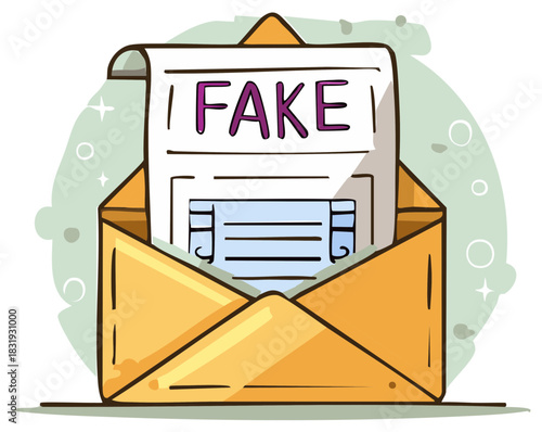 Opened envelope exposing fake document with text pointing out fraud cartoon illustration