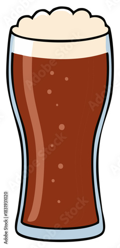 Illustration of a glass of dark beer with frothy head and bubbles