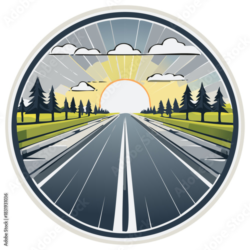 Scenic road trip journey towards a sunrise through a pine forest landscape illustration