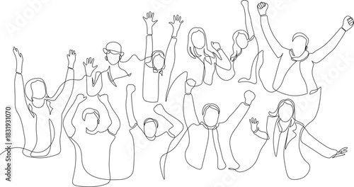 Cheerful crowd cheering illustration in one continuous line art style. Minimalist crowded people cheering linear isolated on white background. Vector illustration