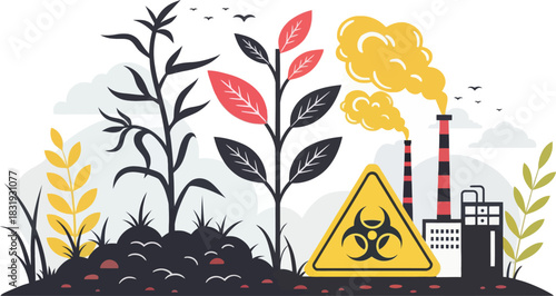 Polluted soil affecting dying plants in an environmental scene