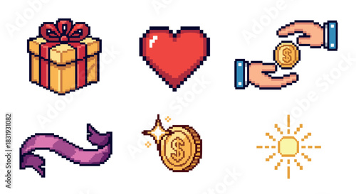 Set of colorful pixel art icons in a retro 8-bit video game style, featuring a gift, heart, coin, and sun for rewards or achievements,