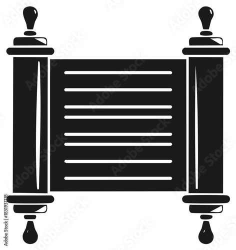 Black and white illustration of a rolled scroll with text and decorative finials