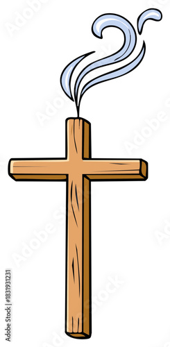 Cartoon wooden cross with smoke. Religious illustration.