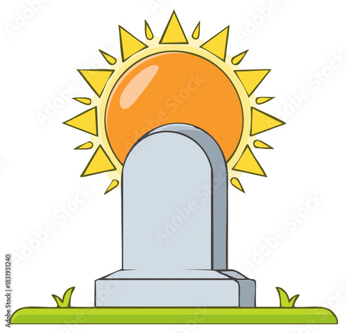 Gravestone on grass with a shining sun illustration, memorial, death, life circle cartoon