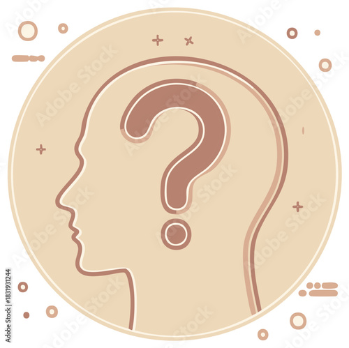 Question mark inside head profile silhouette, conceptual illustration of uncertainty and inquiry.