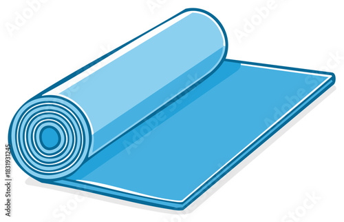 Light blue rolled exercise mat for fitness, yoga or pilates training, vector illustration.