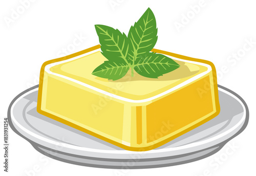 Dessert on Plate Topped with Mint Leaves Graphic Illustration Delicious Sweet Culinary Cuisine Culinary